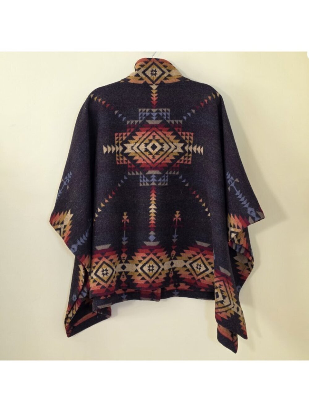 Reversible Wool Cape Poncho OS Southwestern Geometric Aztec Button Jacket Button - Picture 6 of 15